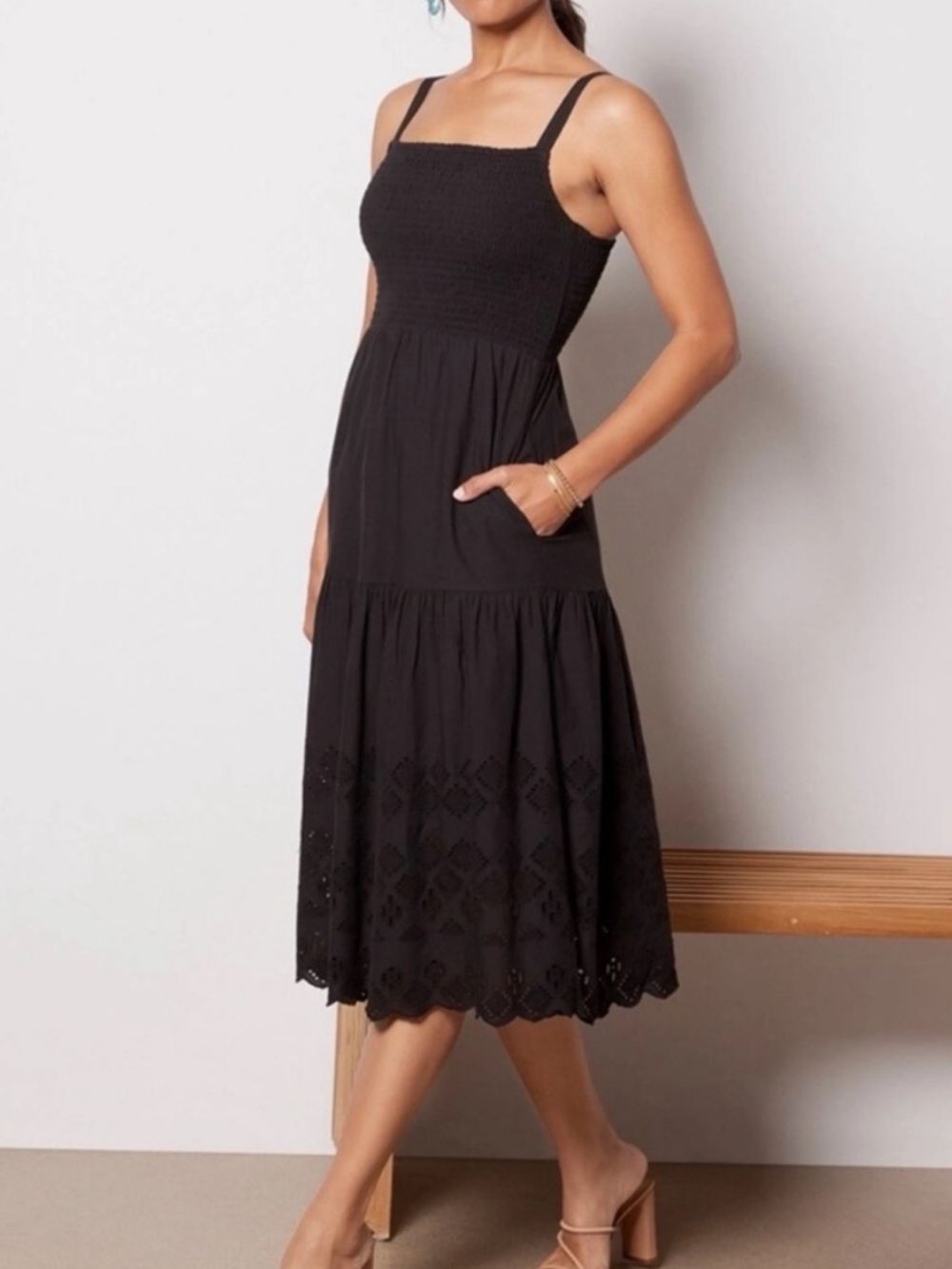 Evereve Black Chandler Smocked Eyelet Cotton Midi Dress